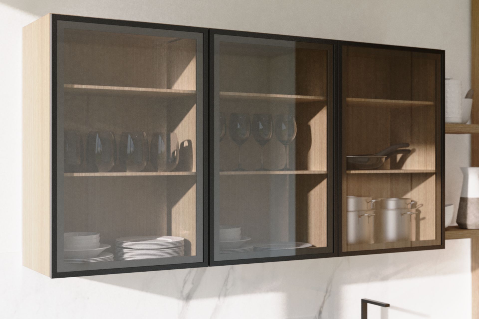 Kitchen cabinet with glass and aluminium doors, demonstrating possible applications of aluminium profiles in furniture design