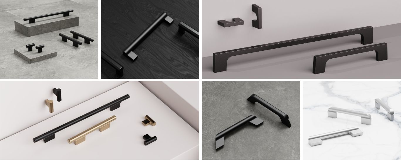 Overview of Noltia handle designs in assorted styles and colours, illustrating the variety available for drawers, cabinets, and furniture.