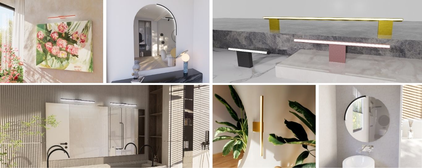 Various models of Illuminara lighting solutions displayed alongside our range of mirrors, showcasing innovative designs that combine functionality and style