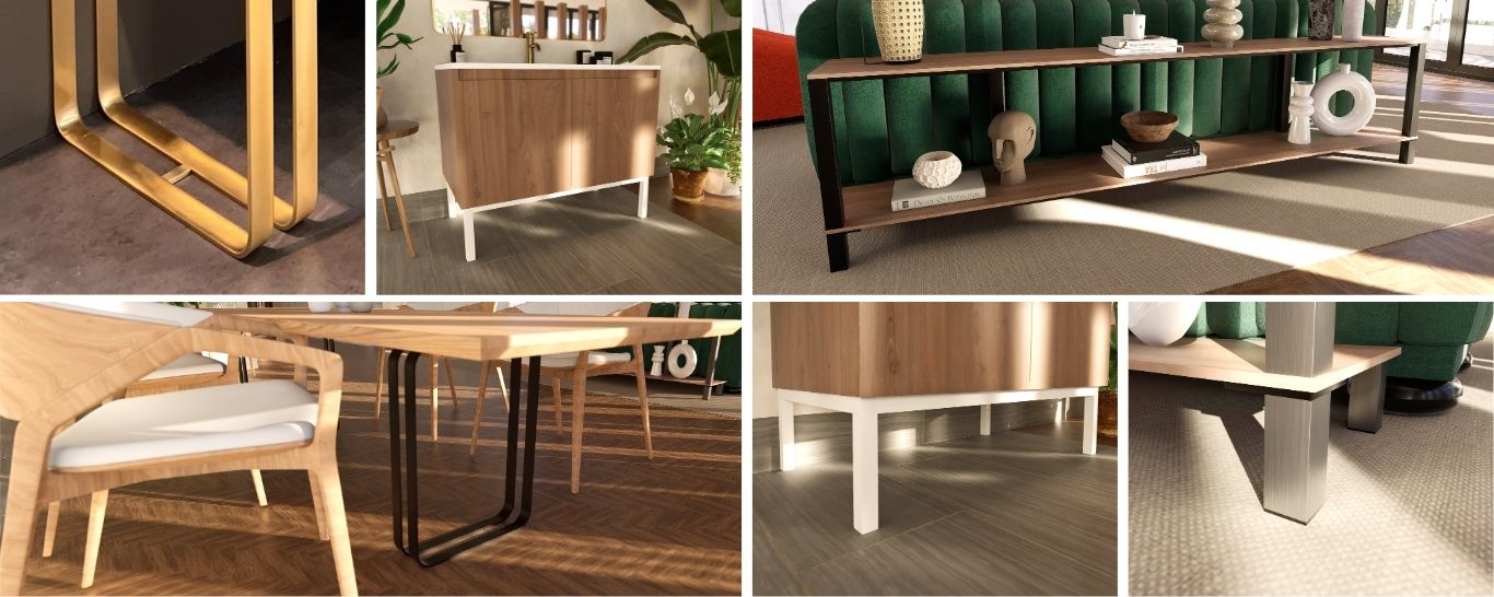 Different aluminium leg designs showcased across multiple furniture types and living spaces, highlighting their versatility and elegant construction