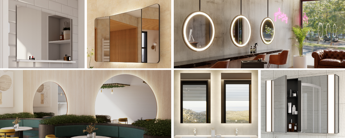 Image showing different mirror models from the Noltia System collection, including options with various frames and integrated lighting