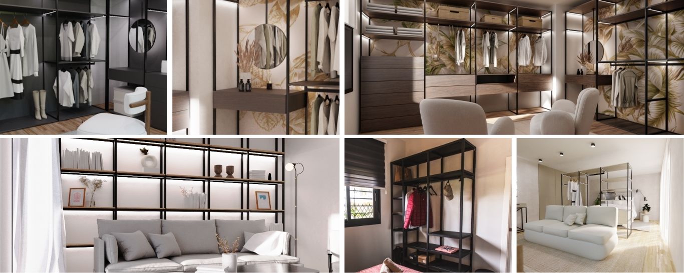 Different configurations of the Kayla wardrobe system displayed in various interior settings, showcasing its modular aluminium structure and versatile design
