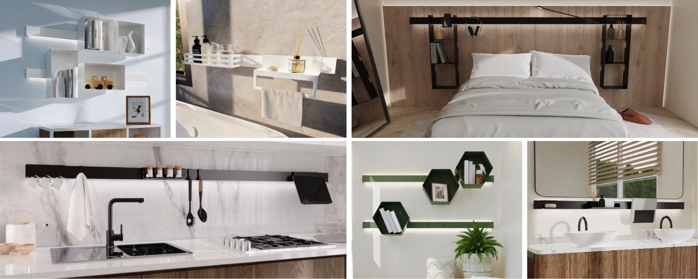 Versatile Shelf-Live system showcased in multiple interior setups, featuring mounted accessories and varied functional uses