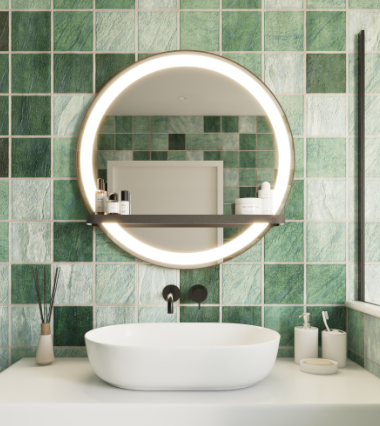 Round LED mirror on a wall with a shelf in a bathroom
