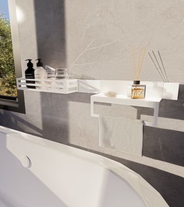 Shelf-live in a bathroom near the bathtub with some accessories.